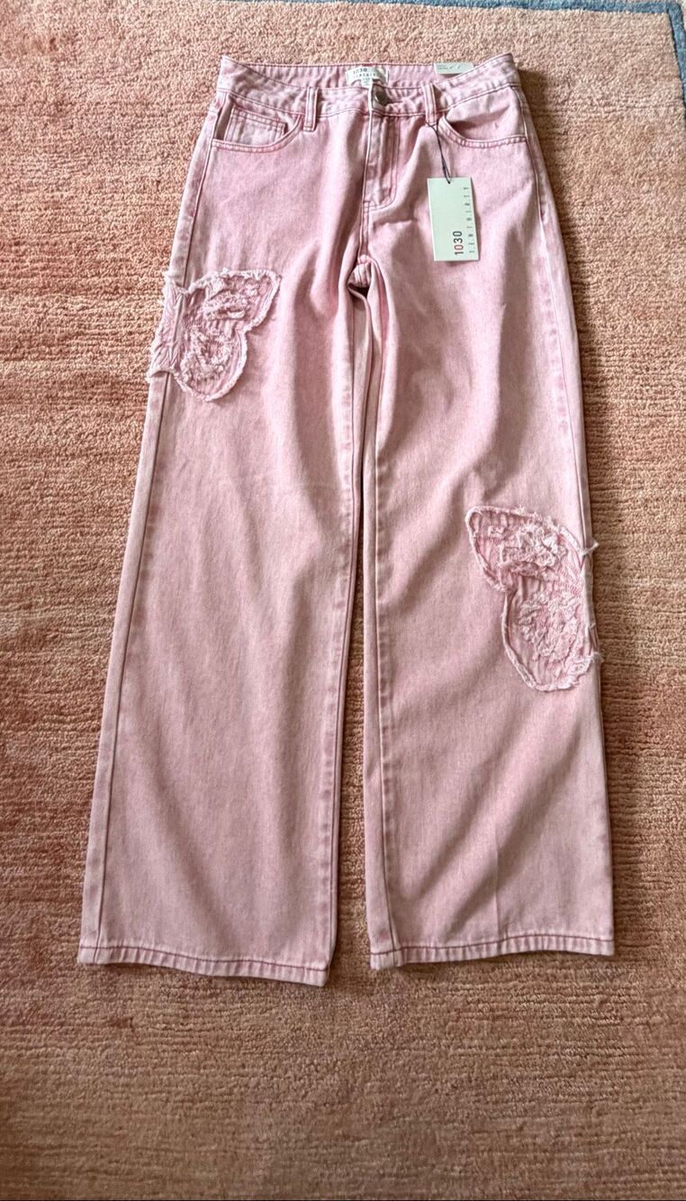 1030 Tenthirty Pink Baggy Wide Leg Jeans XS Butterfly Applique NWT - Picture 9 of 11